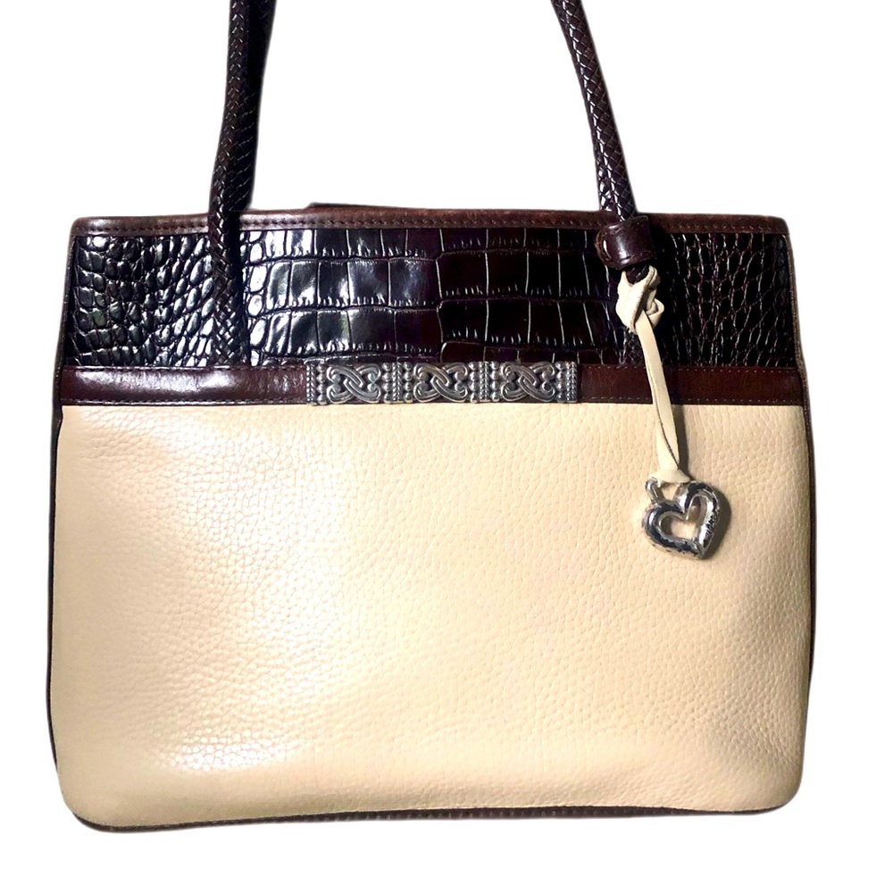 Brighton Vintage Beige Leather Dark Brown Crock Trim Shoulder Bag